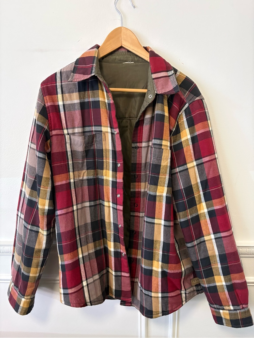 Vintage Analog Red Plaid Lightweight Shirt Jacket with Mustard and Olive Accents